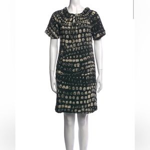 THAKOON Short Sleeve Cotton Mini Dress, Abstract Print, Black / Tan, Size 8